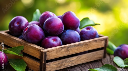 Fresh plums arranged in a wooden crate on a rustic table, surrounded by vibrant foliage