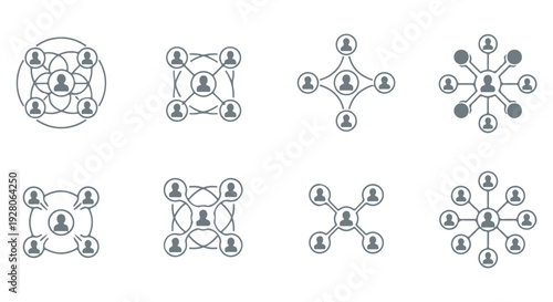 Eight grey icons illustrating different social network structures and connections between people