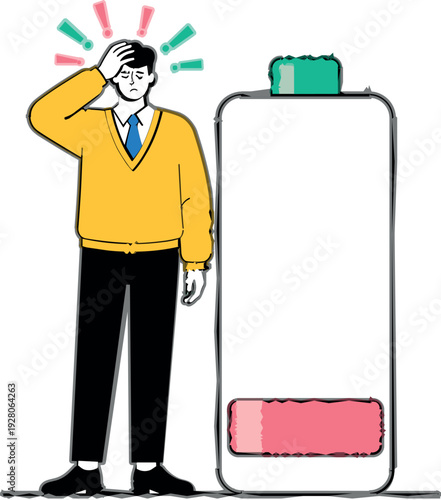 Stressed Businessman Standing Near Low Battery Level Indicator Vector Illustration Showing Energy Depletion, Mental Fatigue, Burnout and Workplace Stress Concept