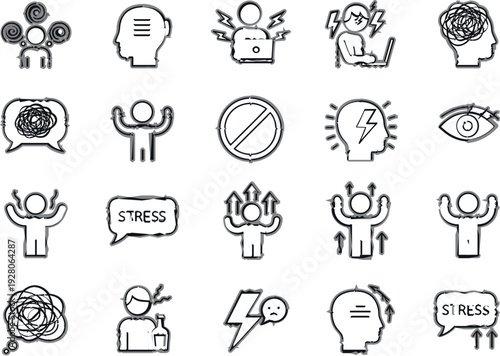 Stress and Mental Health Line Icons Set Featuring Anxiety, Emotional Pressure, Burnout, Overthinking and Psychological Wellness Outline Vector Collection