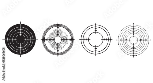 Four different black and white target icons with crosshairs and concentric circles on Transparent Background for design and graphic resources.