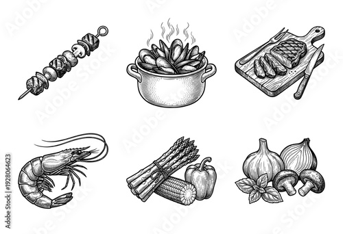Vintage style hand drawn woodcut illustrations of gourmet seafood, grilled meats, fresh vegetables, and cooking ingredients set