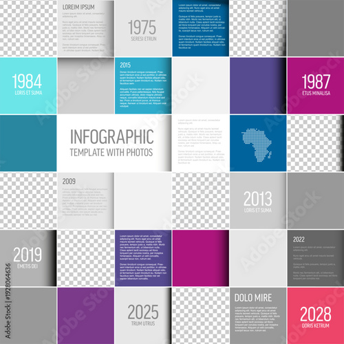 Professional infographic template featuring a colorful square grid layout and timeline. This modern infographic template includes various placeholders for photos and text details.