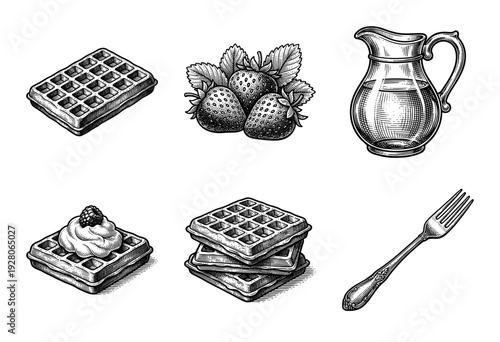 Vintage engraving style collection of belgian waffles with strawberries cream syrup pitcher and ornate silver fork