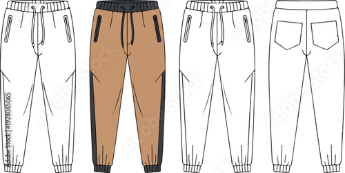 Jogger Pants Flat Sketch Technical Fashion Drawing CAD Vector Illustration Casual Sweatpants Garment Design Front and Back View Template