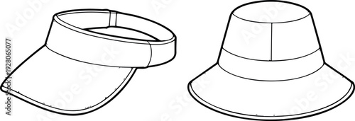 CAD Drawing Flat Vector Illustration of Sun Visor Cap and Bucket Hat Fashion Headwear Technical Sketch Accessory Mockup Front View