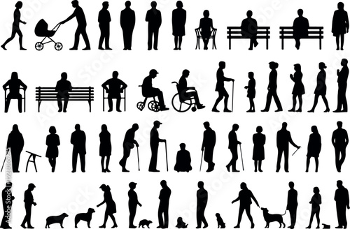 Large Vector Collection of Diverse People Silhouettes Adults Walking Sitting Using Wheelchairs Pushing Strollers and Walking Dogs Isolated