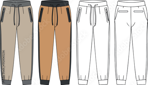 Jogger Pants Flat Sketch Technical Fashion Drawing CAD Vector Illustration Casual Sweatpants Garment Design Front and Back View Template