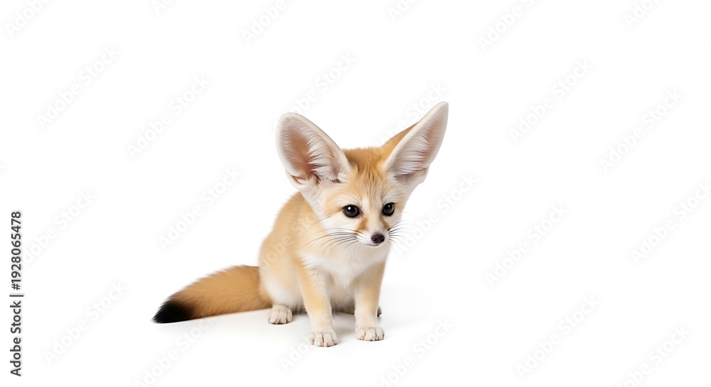 Obraz premium Adorable Fennec fox cub sitting isolated on white background