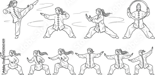 Tai Chi Woman Martial Arts Movement Line Art Set with Traditional Chinese Kung Fu Poses for Fitness Training, Meditation Practice, and Wellness Illustration Design