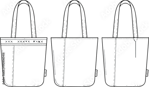 Tote Bag Vector CAD Drawing Flat Template Fashion Accessory Illustration Sewing Pattern Technical Sketch Editable Handbag Design