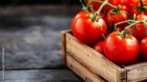 Fresh red tomatoes arranged in a wooden crate on a rustic table, showcasing vibrant colors