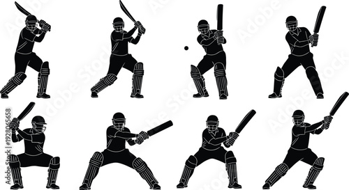 Cricket player batting silhouette set, batsman action poses collection with bat and helmet vector illustration isolated on white