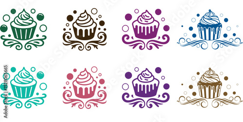 Sweet cupcake with swirl frosting and decorative floral vines vector set