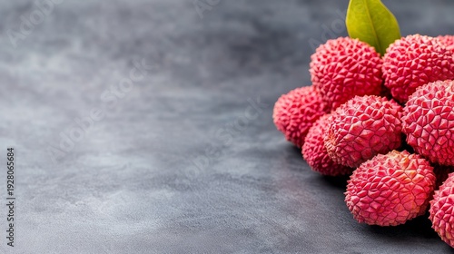 A cluster of vibrant pink lychee fruits resting on a textured stone surface, showcasing natural beauty