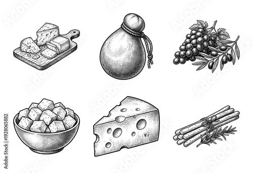 Vintage hand drawn engraving of assorted mediterranean cheese varieties with grapes olives and breadsticks collection