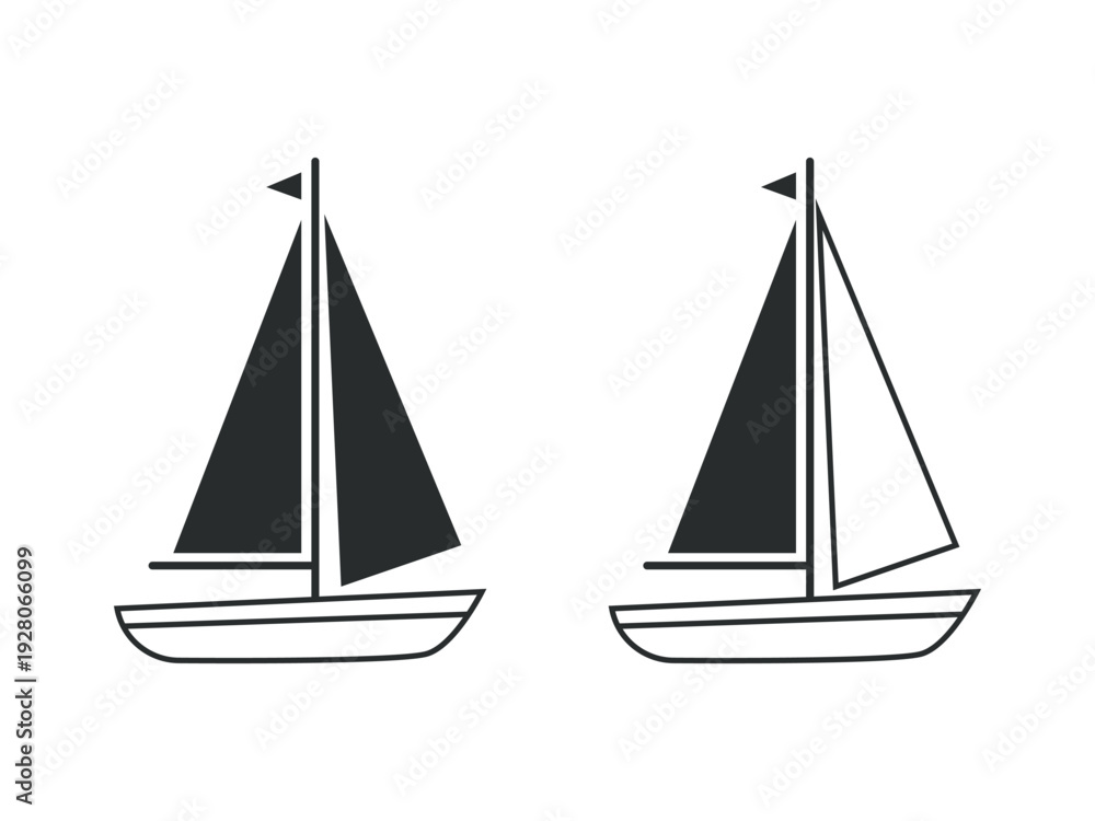Fototapeta premium Two simple vector illustrations of sailboats: one solid black, the other outlined against a white background, representing sailing and travel.