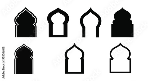 Collection of islamic arches and window designs in black and white