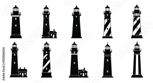 Collection of diverse black and white lighthouse silhouettes with buildings
