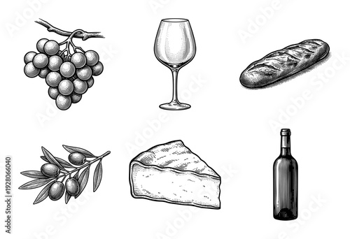 Vintage woodcut style collection of wine and mediterranean food icons including grapes, olives, bread, cheese, and bottle.