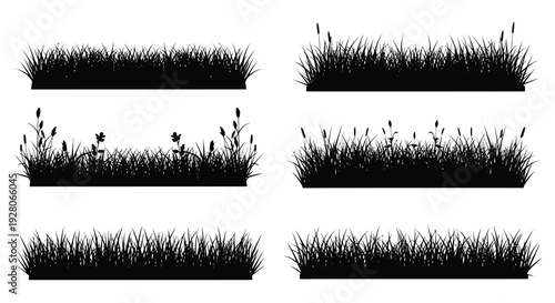 Black silhouettes of various grass and wildflower arrangements