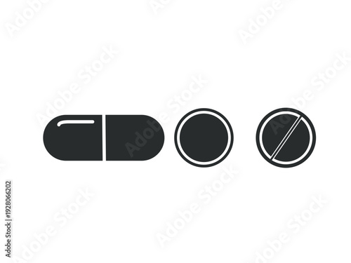 Set of three minimalist icons representing medical pills and capsules, including a capsule, a round tablet, and a crossed-out pill.