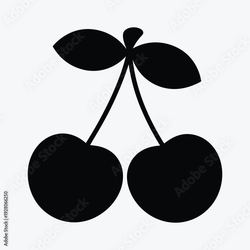 Two cherries with leaves on stem in black silhouette