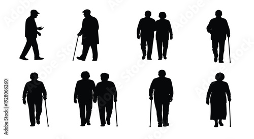 Silhouettes of elderly people walking some using canes for support