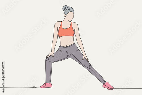 Colored Woman stretching. Stretching concept one-line drawing