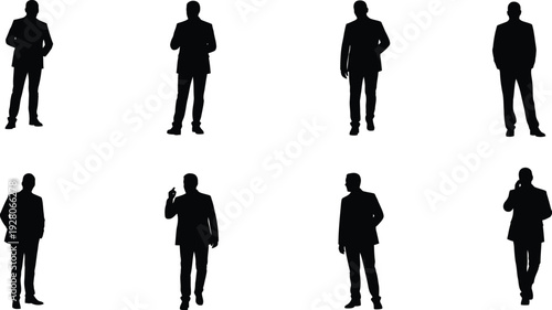 Silhouettes of diverse business people in various poses and interactions
