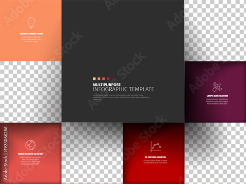 This multipurpose infographic template features a modern square grid design with photo placeholders for presentations. Infographic template to create a professional square grid layout for data.