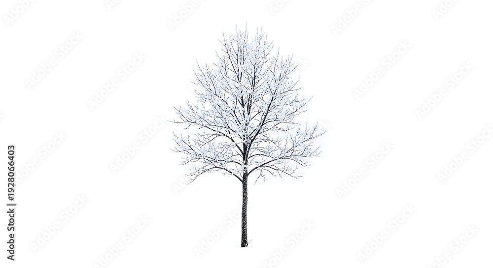 Obraz premium Bare winter tree covered in snow and ice on white background