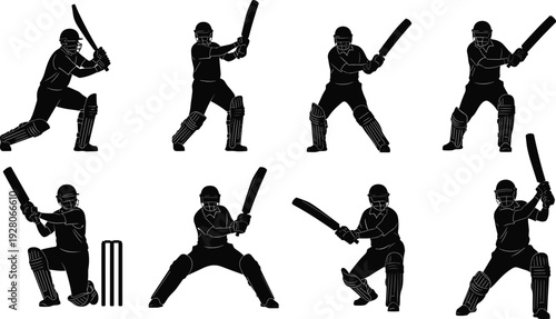 Cricket player batting silhouettes set, batsman action poses with bat and stumps vector sports illustration collection isolated
