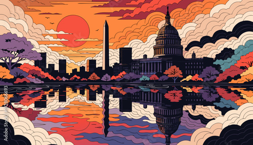 Stylized Cityscape Reflection at Sunset with Government Dome Monument and Tower Silhouette Backdrop washington dc skyline