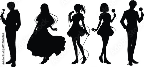 Anime silhouettes vector illustration, stylized characters, performance art, microphone pose, rose symbol, elegant design, manga style, fashion, music, creativity
