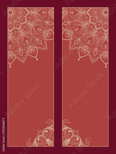Door panel design with gold accents on a red background, vintage mandala corner.