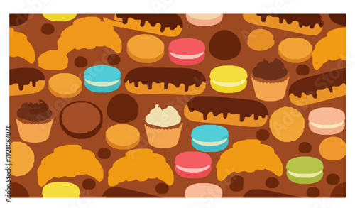 Sweet Dessert Seamless Pattern with Croissant Cupcake and Chocolate Vector Illustration