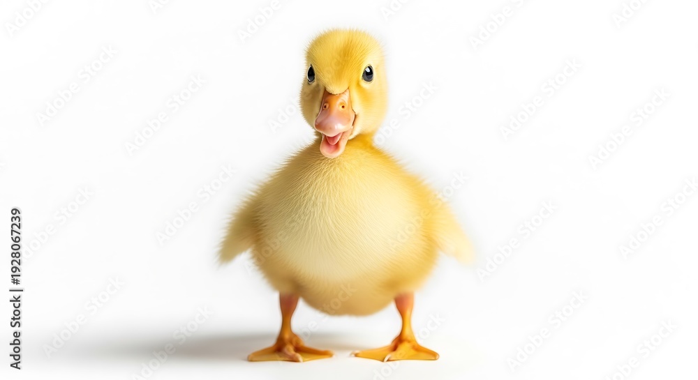 Fototapeta premium Adorable fluffy yellow duckling standing on white background