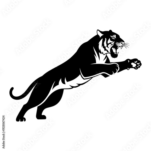 A black and white image of a running tiger