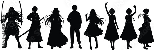 Character silhouette vector, anime style illustration, diverse figure design, dynamic posture art, black and white graphic, storytelling icon, creative concept