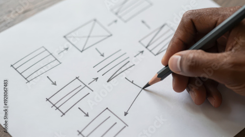 Handdrawn website wireframe flow with arrows on paper, close up of hand sketching layout and navigation, creative planning and user experience design
