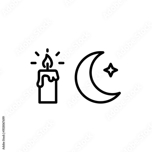 Night and Light Icons: Flickering Candle and Crescent Moon with Star. Simple Vector Graphics Symbolizing Hope, Darkness, and Time.