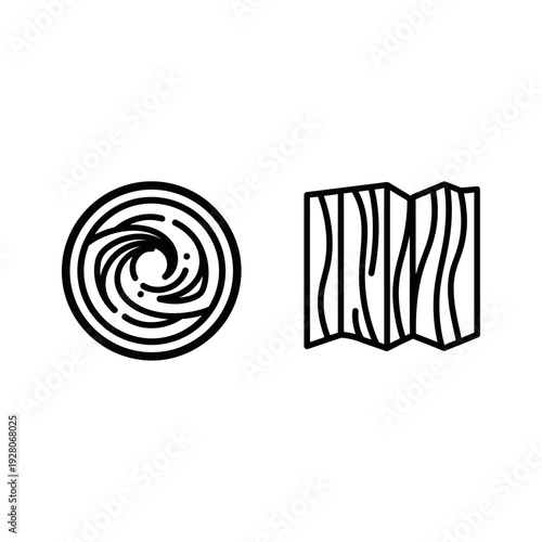 Stylized line art icons depicting a swirling vortex and a folded paper or map, representing concepts like turbulence, water flow, or navigation.