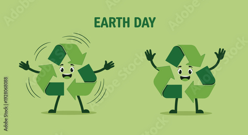 Cartoon Recycling Symbols Dancing for Earth Day.