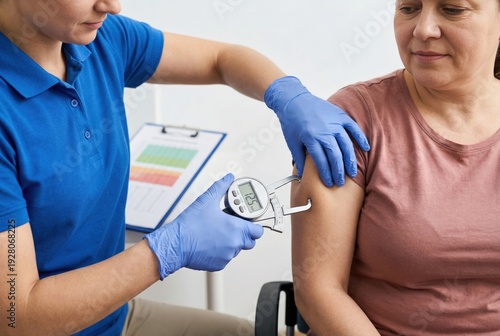 Health Professional Measuring Body Fat Percentage with Caliper on Patient in Medical Setting