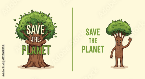 Cartoon Tree and Character Save Planet Message.