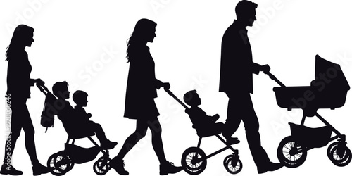 Parents walking with baby stroller and child tricycle silhouette isolated on white background, family outdoor activity illustration for parenting and lifestyle concept