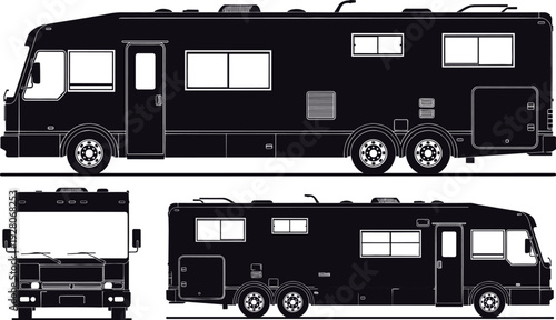 Motorhome RV camper silhouette set in side and front views isolated on white background, recreational vehicle illustration for travel, road trip and camping design