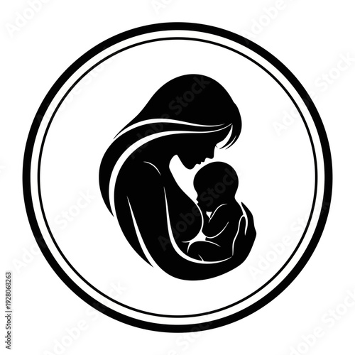 A black and white logo of a mother holding a baby