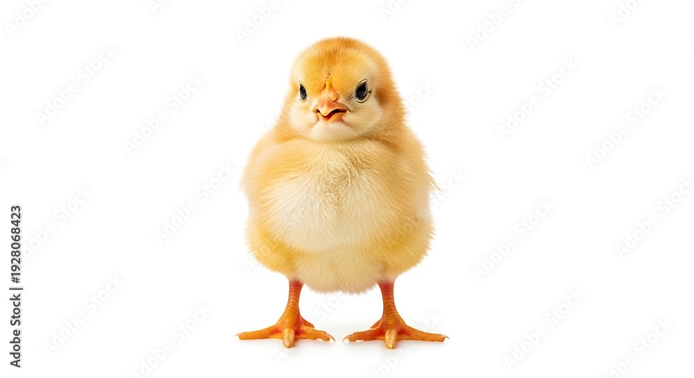 Fototapeta premium Angry-looking yellow fluffy chick standing on white background